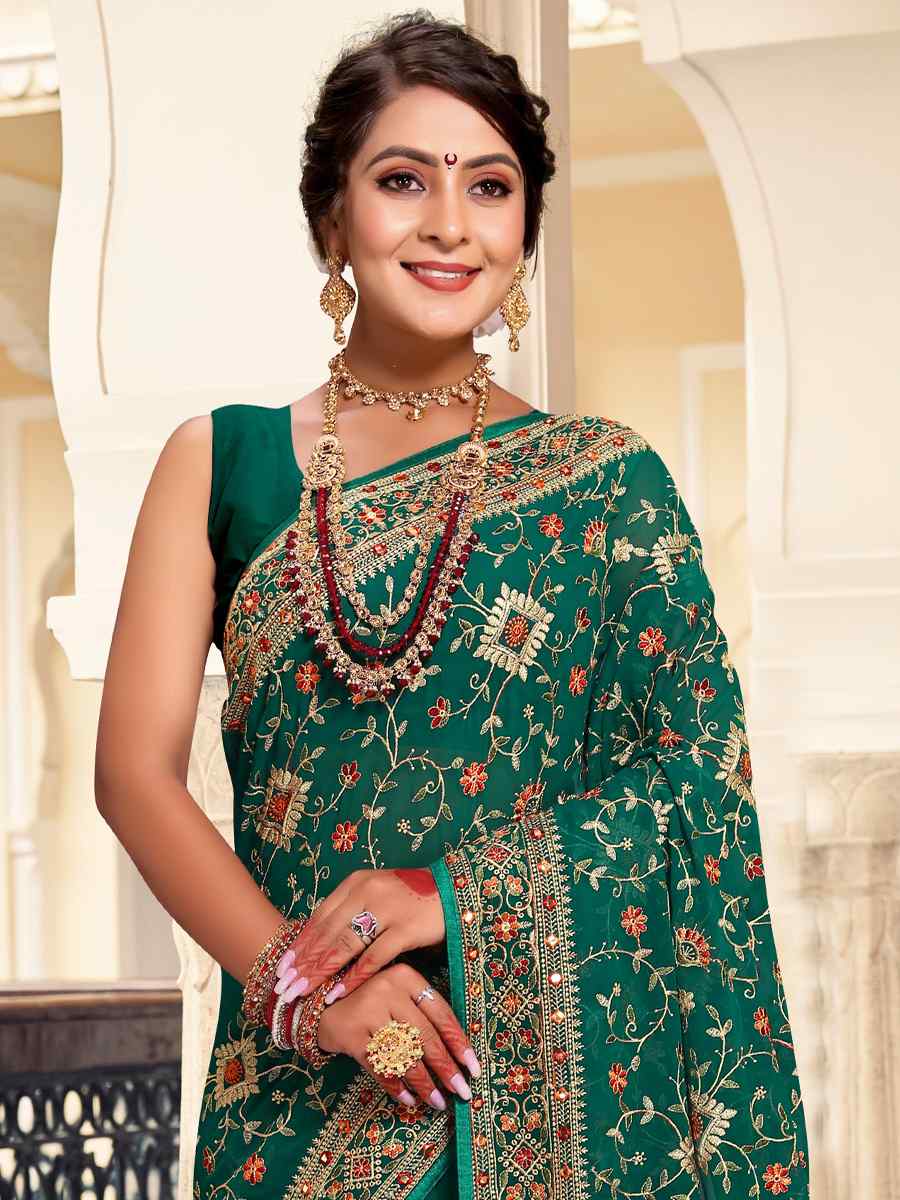 Rama Georgette Embroidered Reception Party Heavy Border Saree