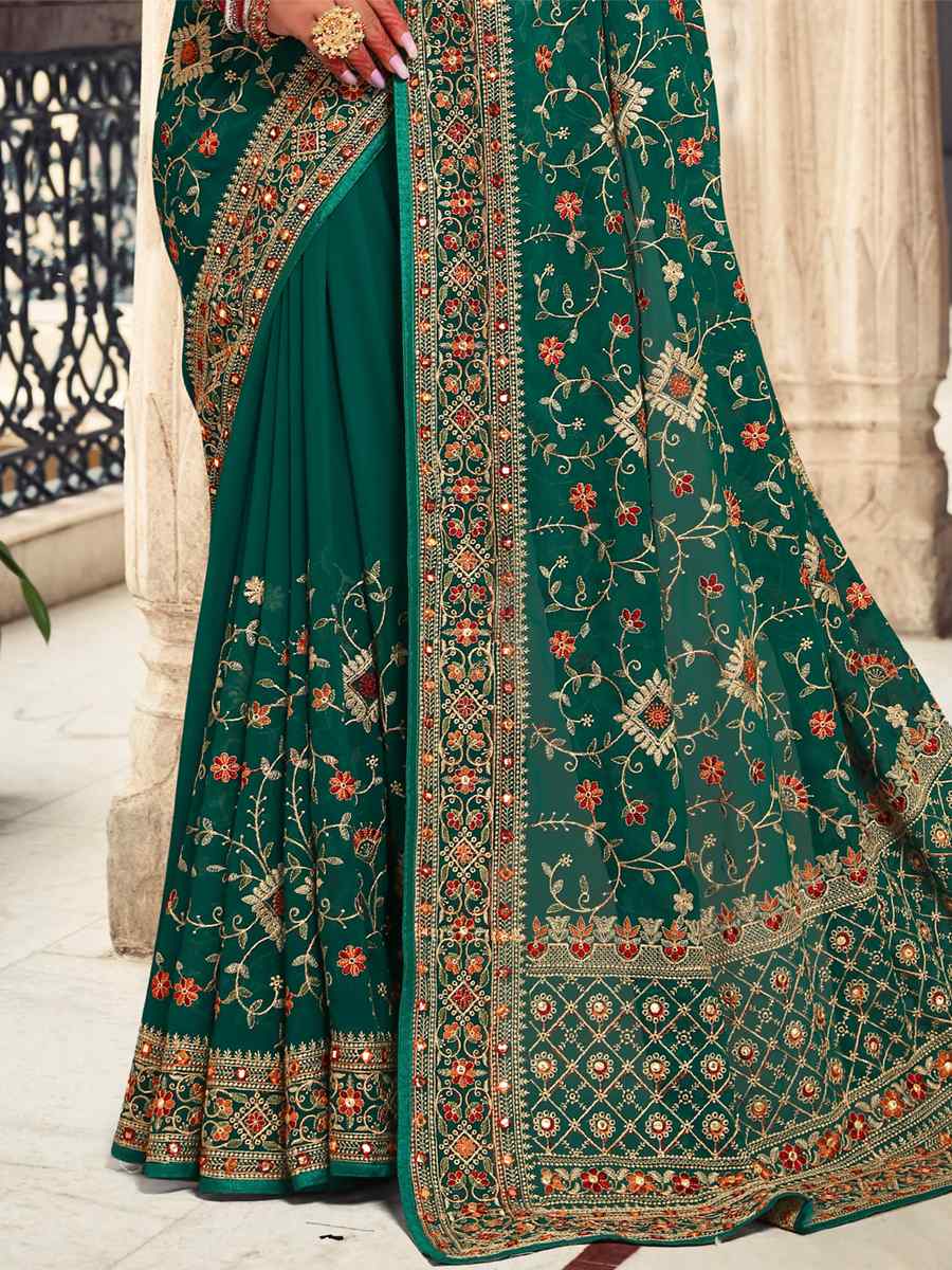 Rama Georgette Embroidered Reception Party Heavy Border Saree