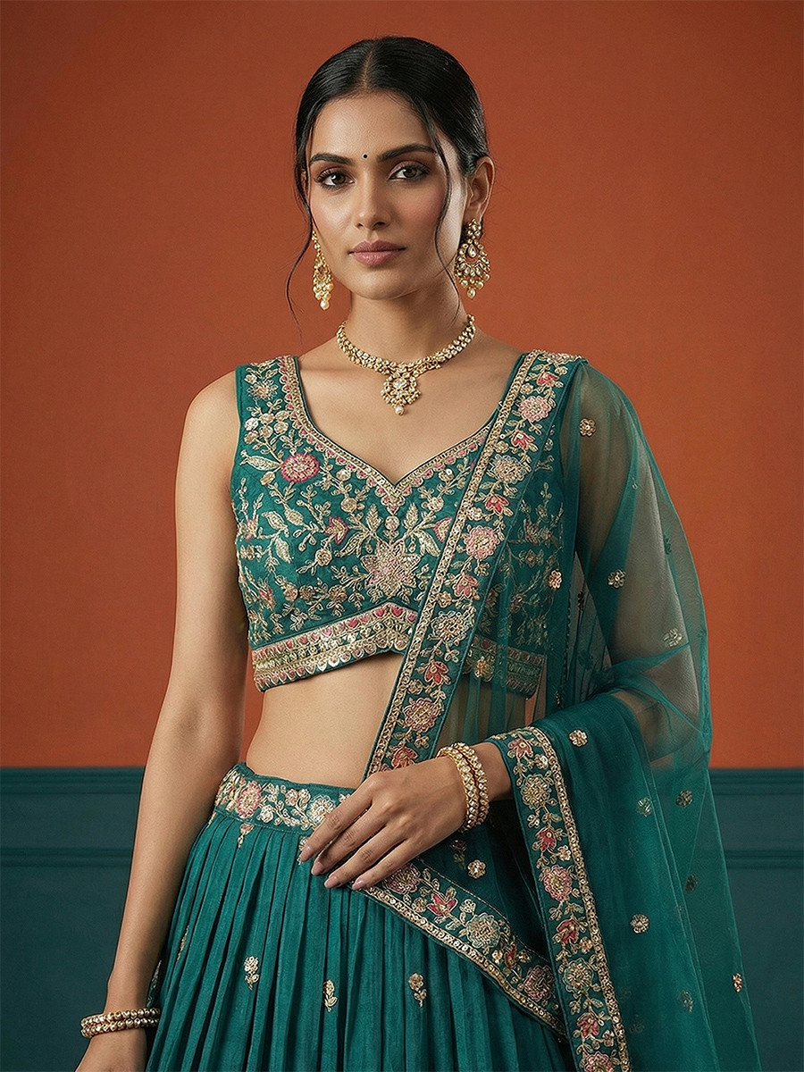 Rama Georgette Embroidery Wedding Reception Party Festival Heavy Border Lehenga Choli