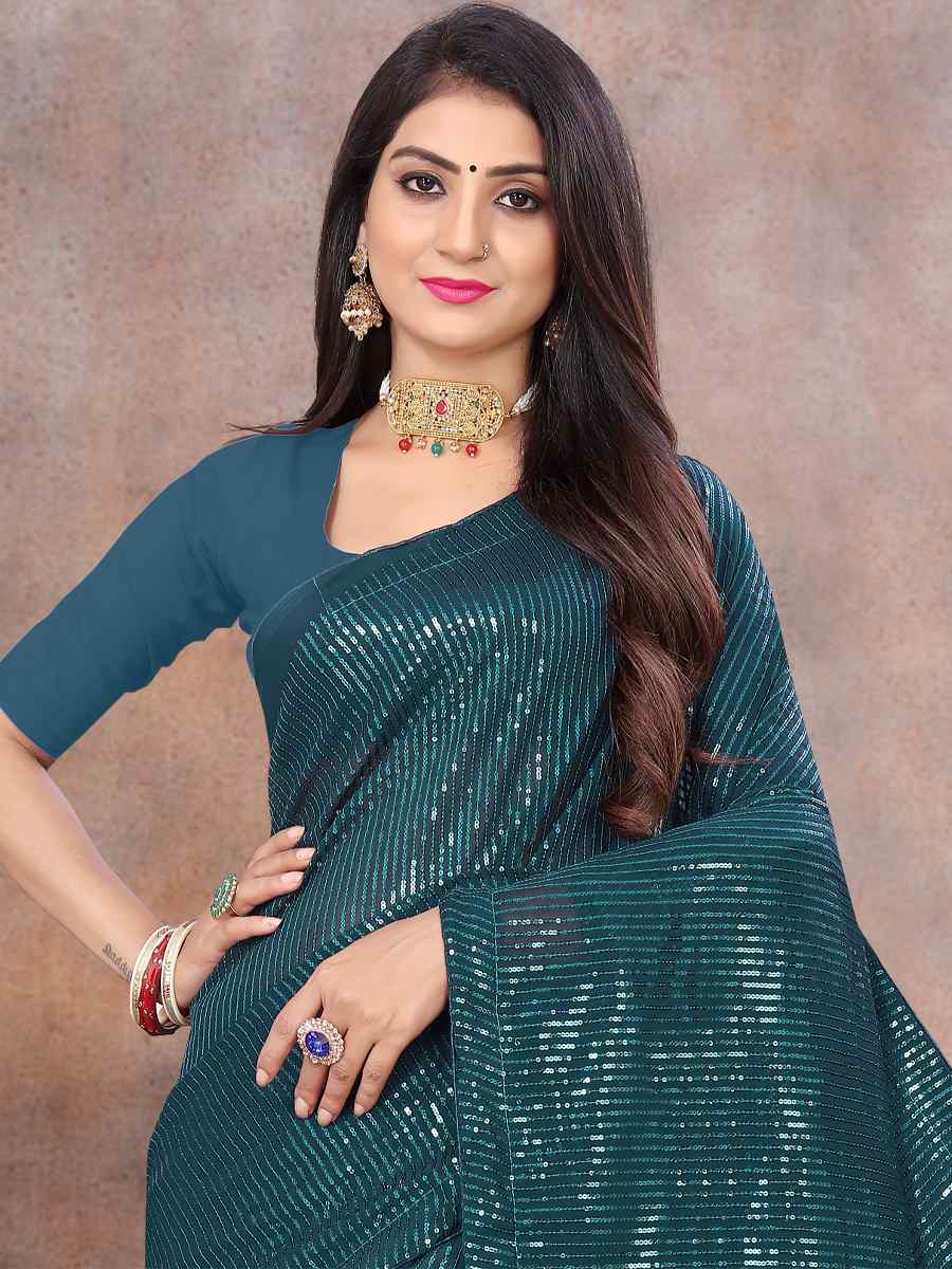 Rama Georgette Sequins Party Festival Classic Style Saree