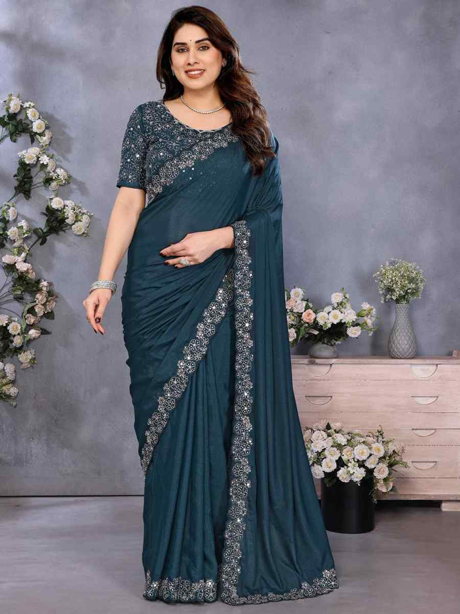Rama Georgette Silk Embroidery Traditional Casual Reception Festival Wedding Fancy Heavy Border Saree