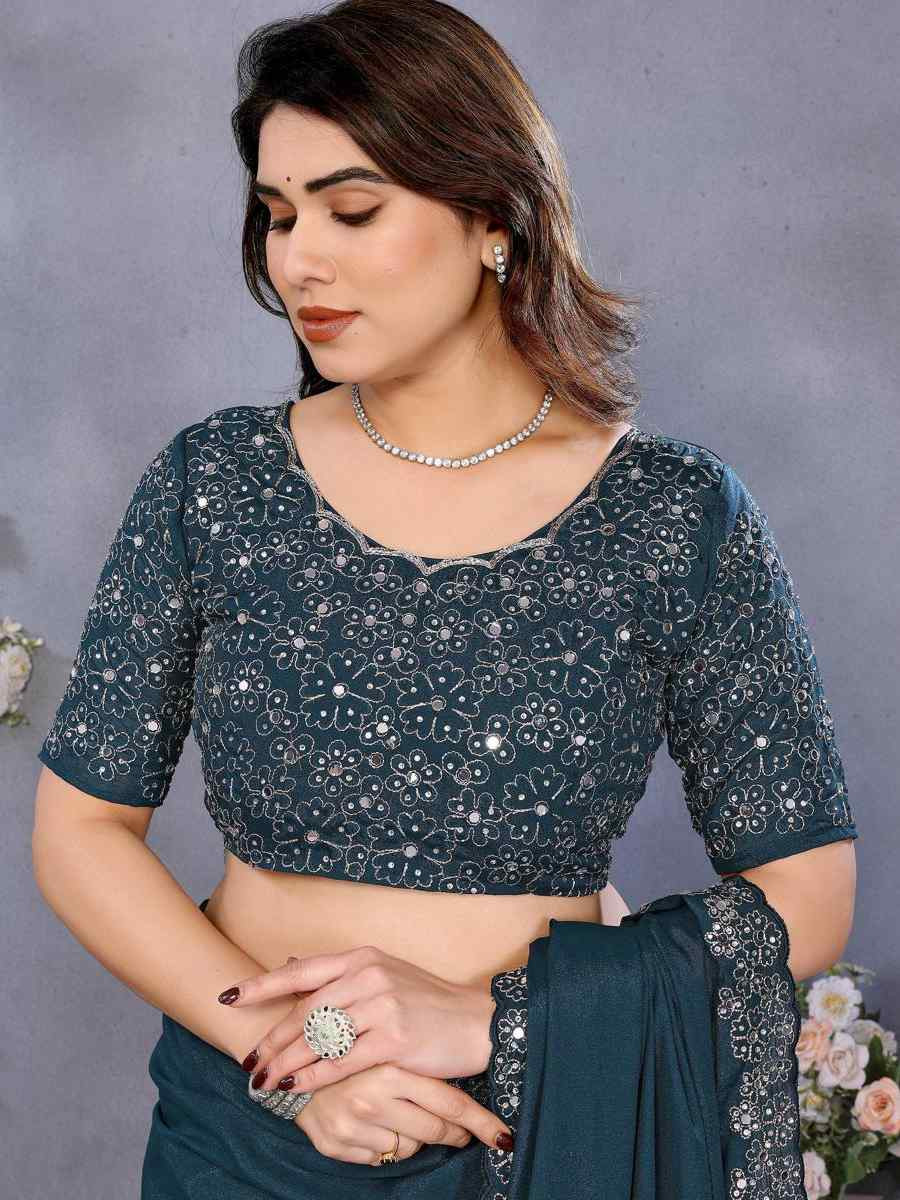 Rama Georgette Silk Embroidery Traditional Casual Reception Festival Wedding Fancy Heavy Border Saree