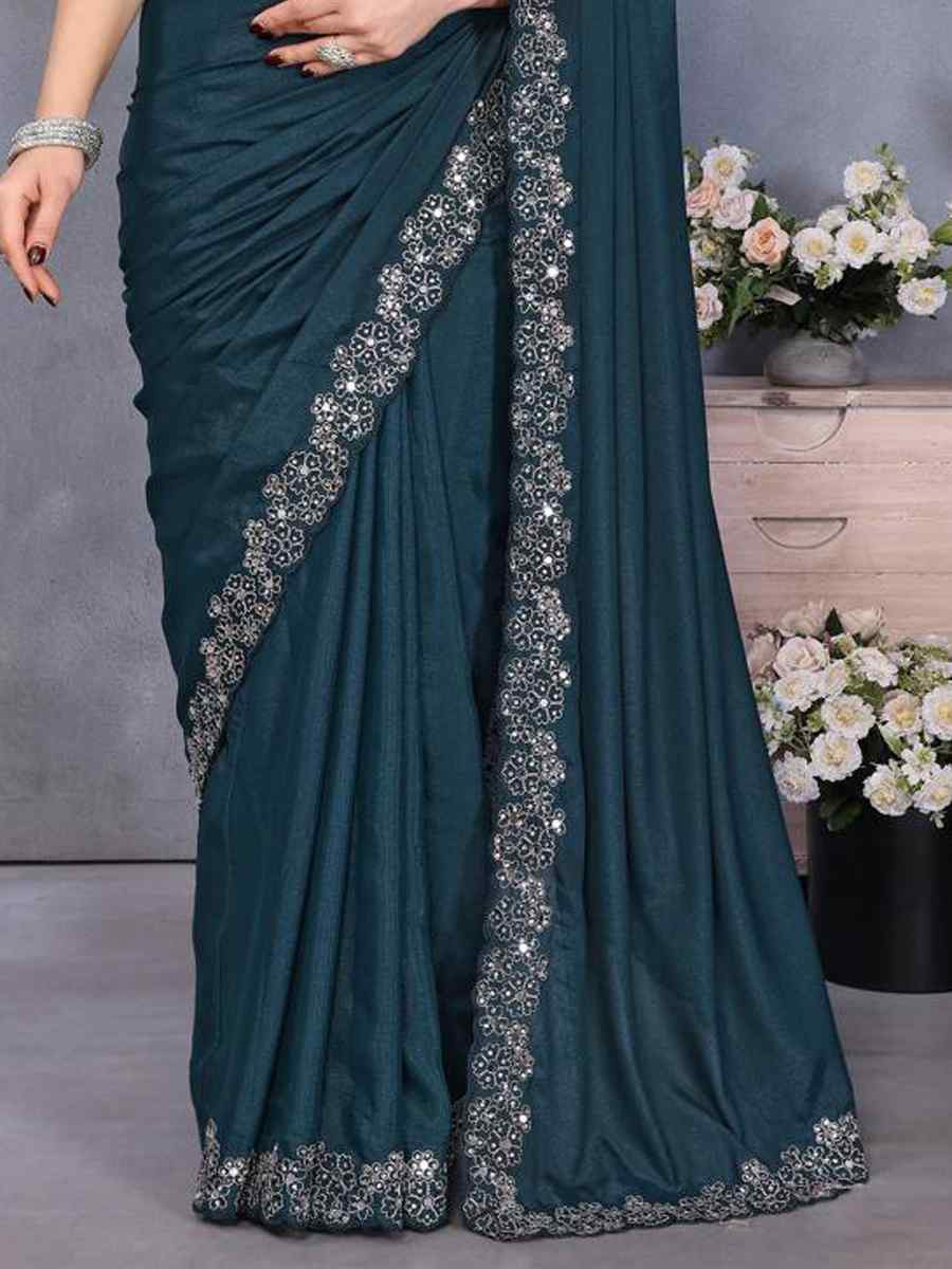Rama Georgette Silk Embroidery Traditional Casual Reception Festival Wedding Fancy Heavy Border Saree