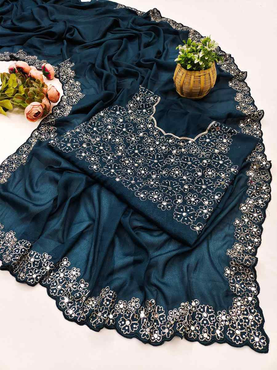 Rama Georgette Silk Embroidery Traditional Casual Reception Festival Wedding Fancy Heavy Border Saree