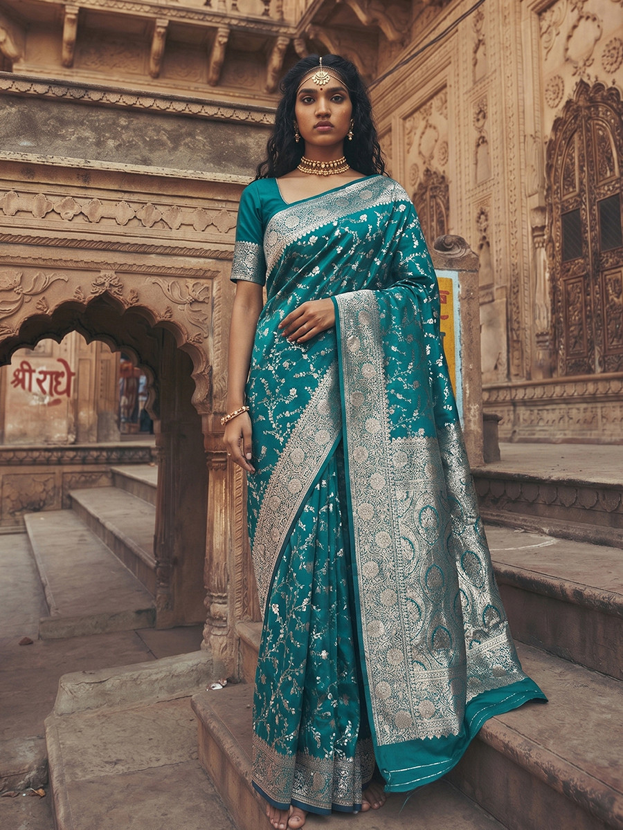 Rama Green Art Silk Jacquard Wedding Reception Party Festival Casual Heavy Border Sarees