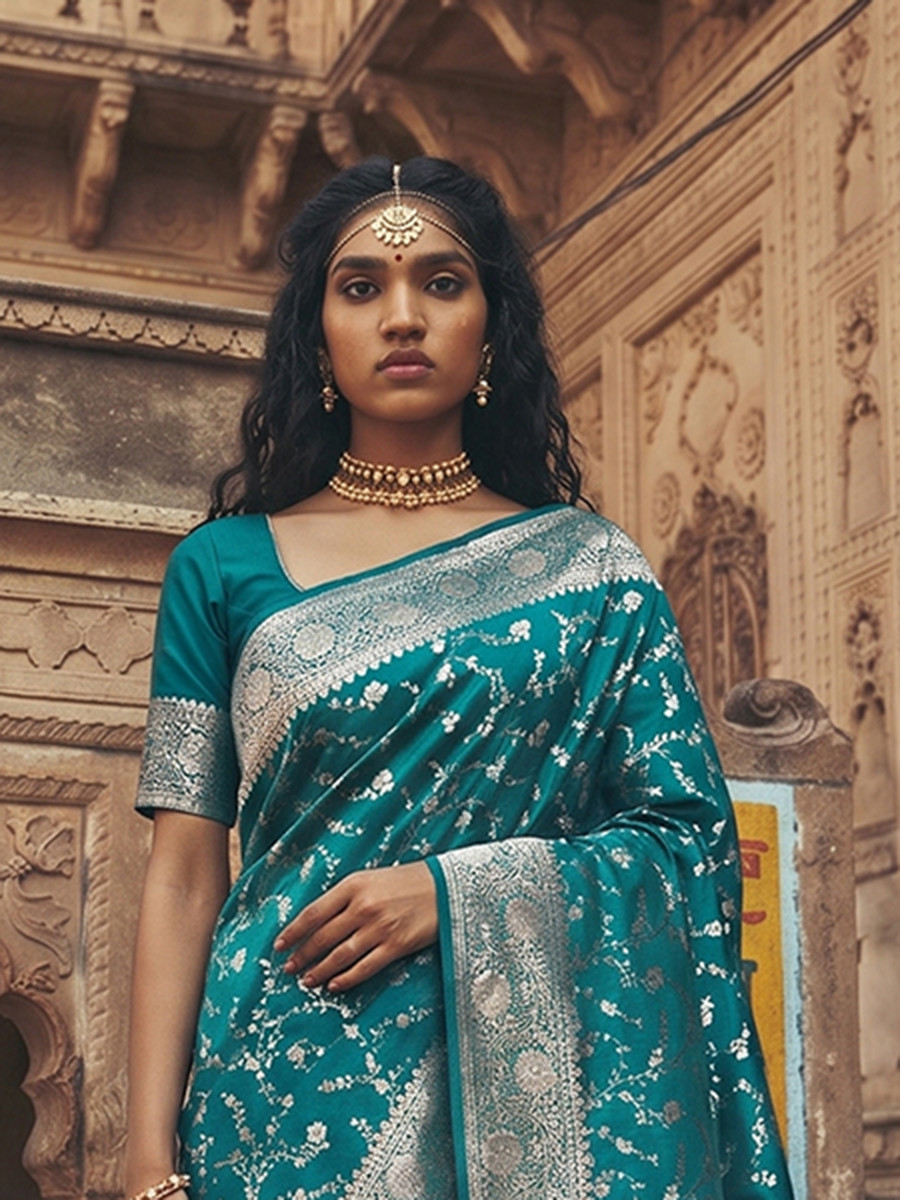 Rama Green Art Silk Jacquard Wedding Reception Party Festival Casual Heavy Border Sarees