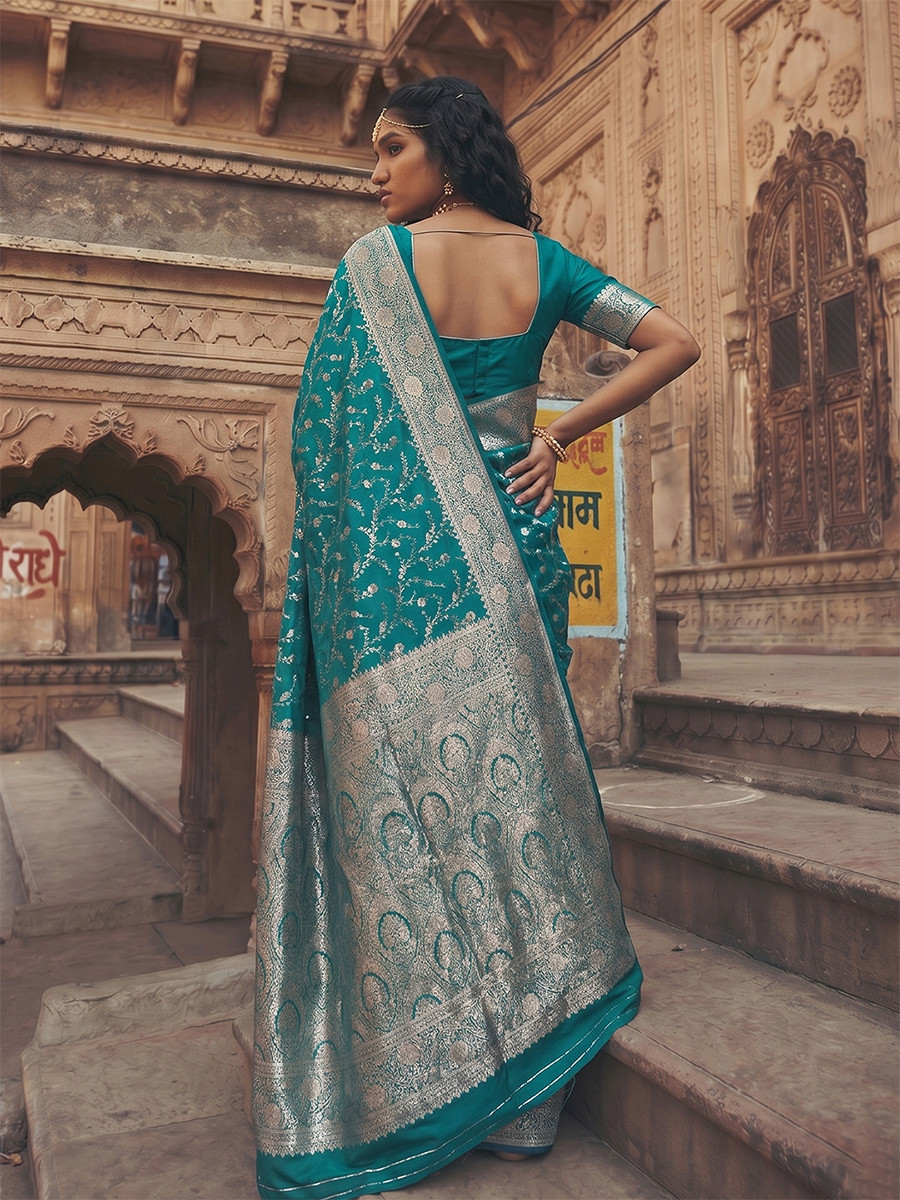 Rama Green Art Silk Jacquard Wedding Reception Party Festival Casual Heavy Border Sarees
