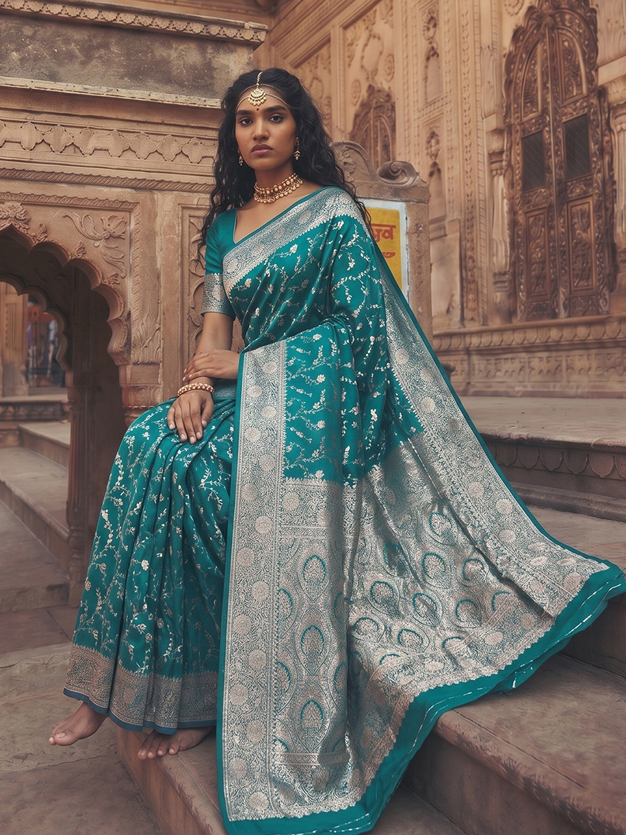 Rama Green Art Silk Jacquard Wedding Reception Party Festival Casual Heavy Border Sarees