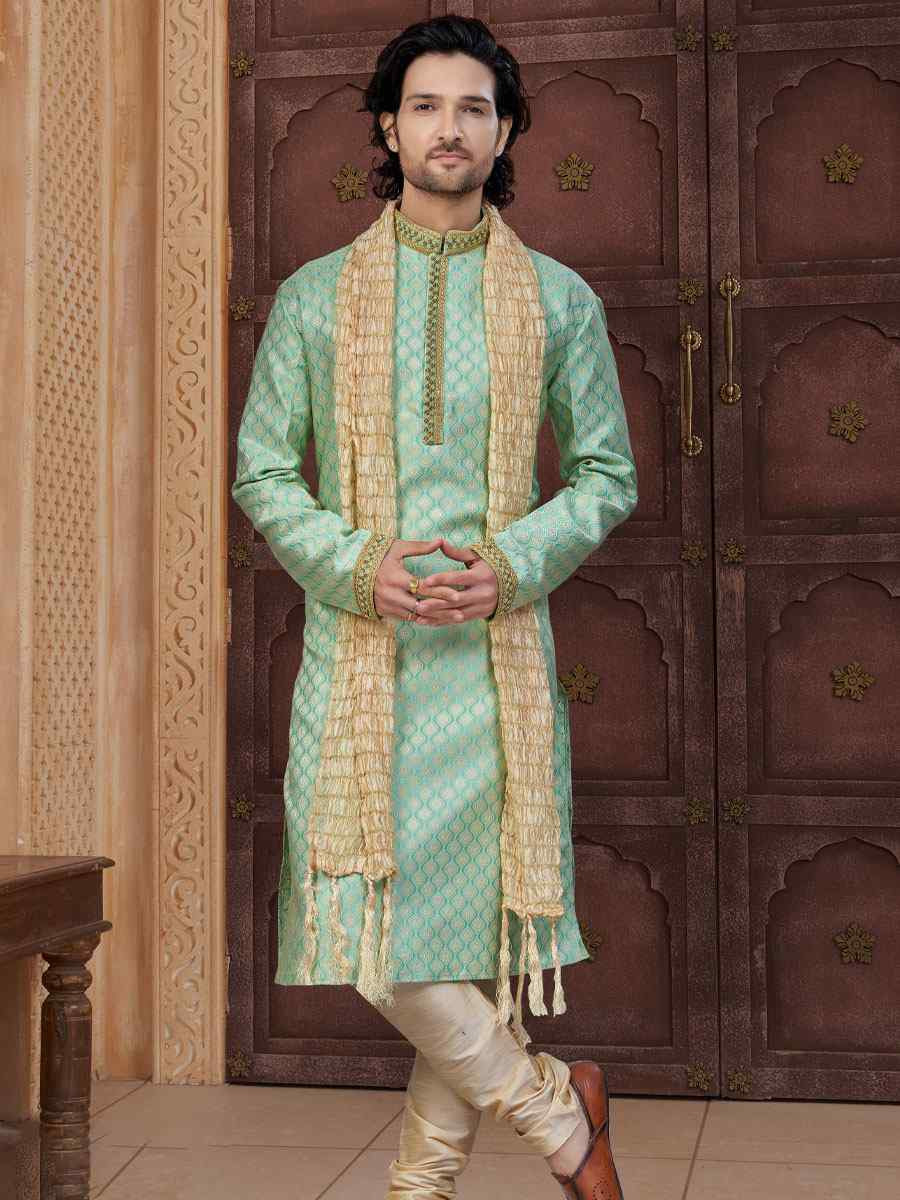 Rama Green Banarasi Jackard Embroidery Festival Wedding Party Mens Kurta