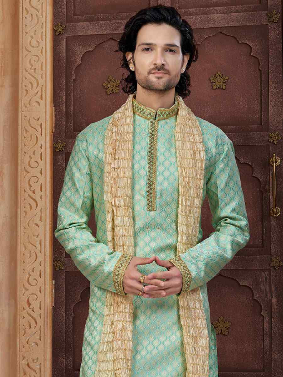 Rama Green Banarasi Jackard Embroidery Festival Wedding Party Mens Kurta