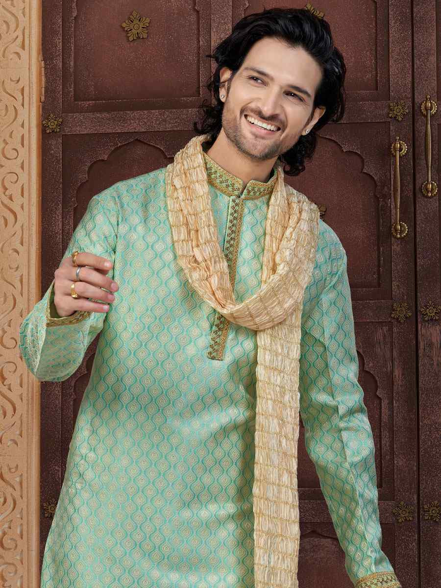 Rama Green Banarasi Jackard Embroidery Festival Wedding Party Mens Kurta