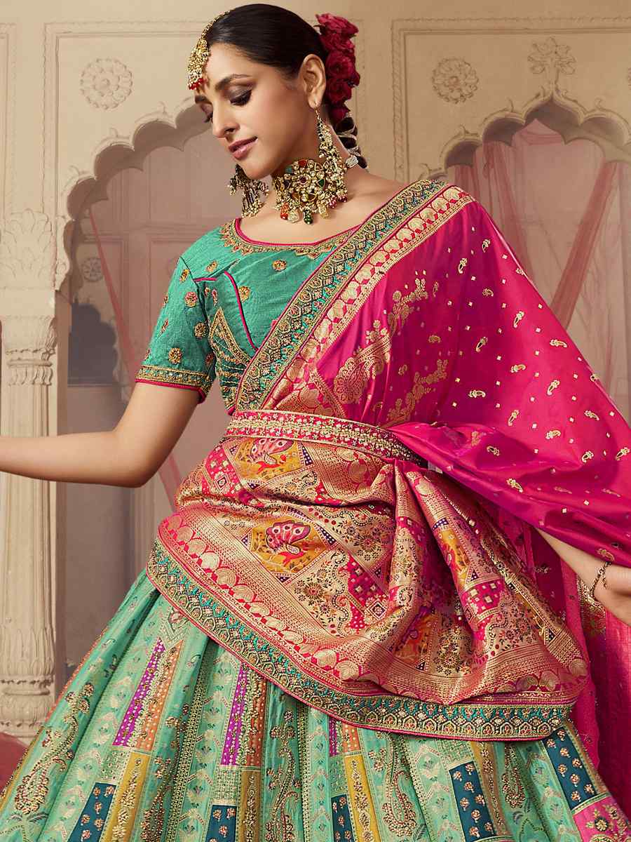 Rama Green Banarasi Silk Embroidered Bridal Wedding Heavy Border Lehenga Choli