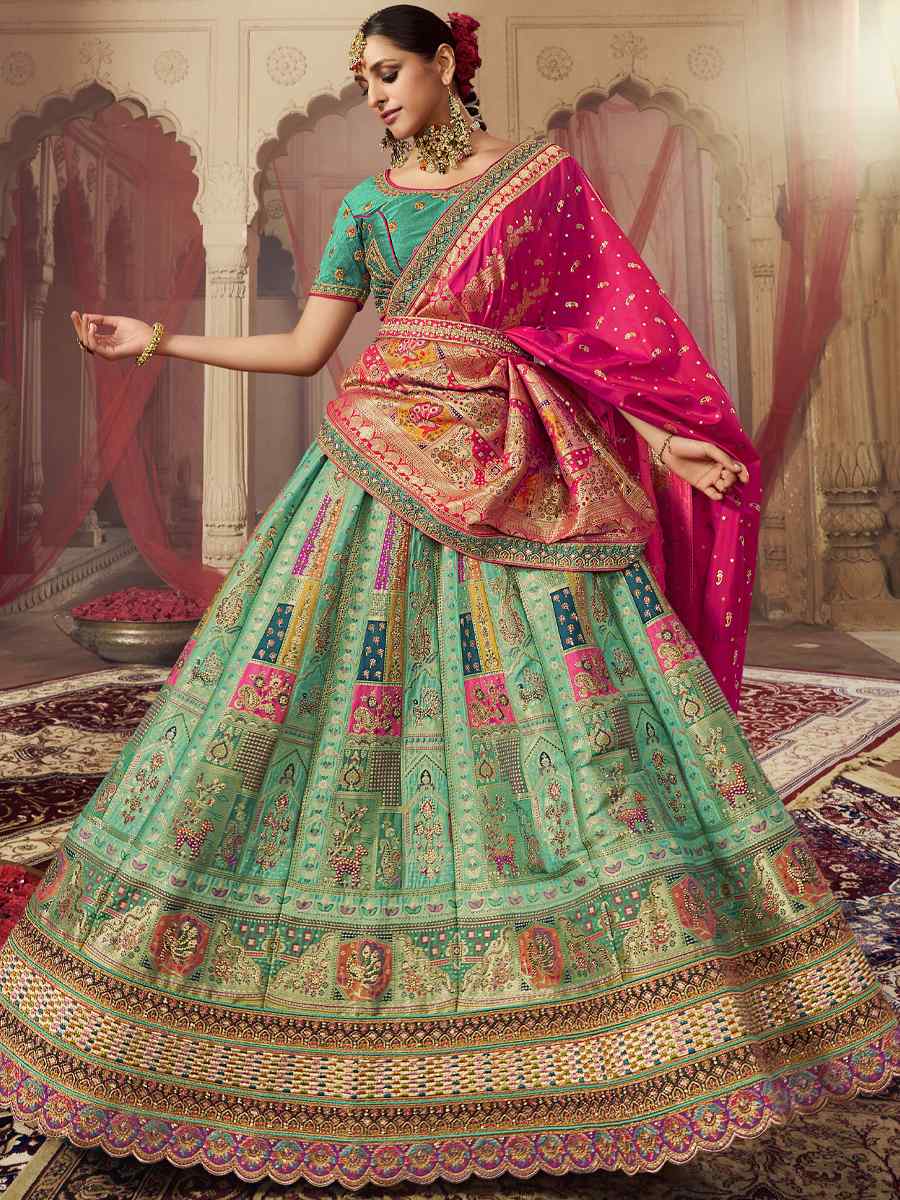 Rama Green Banarasi Silk Embroidered Bridal Wedding Heavy Border Lehenga Choli