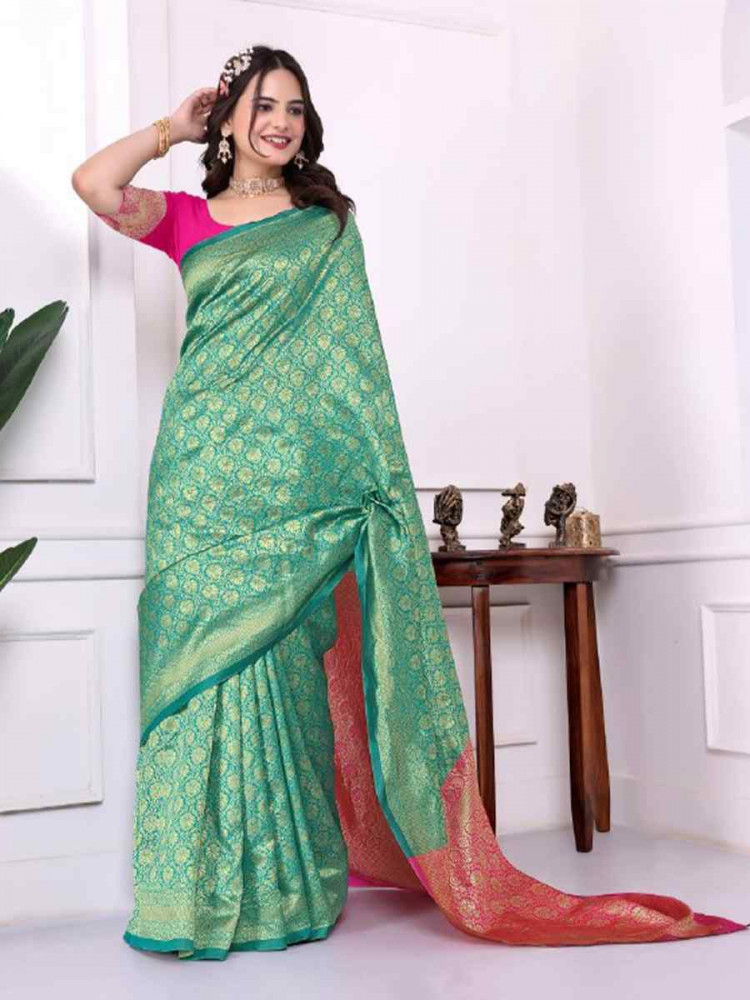 Rama Green Banarasi Silk Handwoven Festival Wedding Fancy Heavy Border Saree