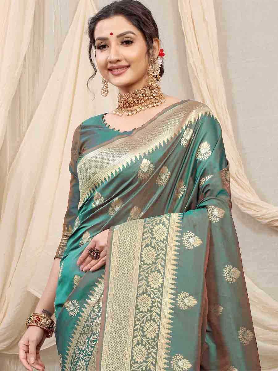 Rama Green Banarasi Silk Handwoven Wedding Festival Heavy Border Saree