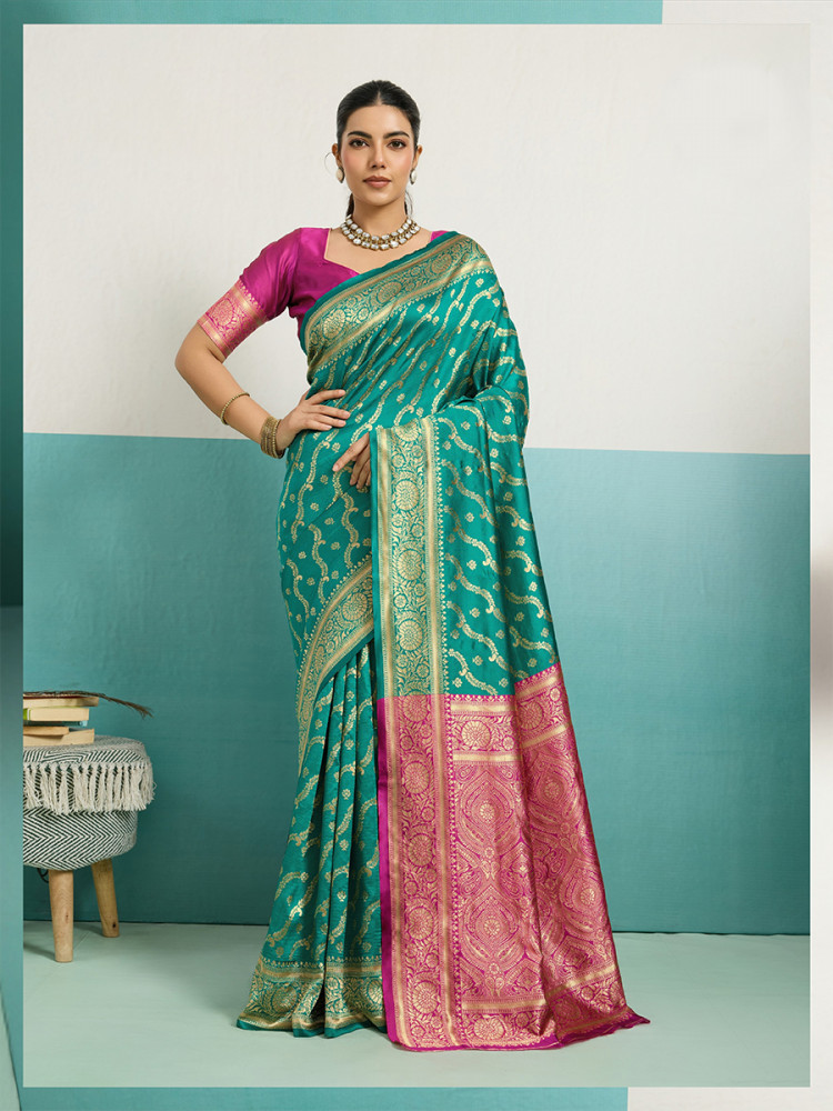 Image of Rama Green Banarasi Silk Zari Kanjivaram Handwoven Wedding Party Festival Reception Heavy Border Saree