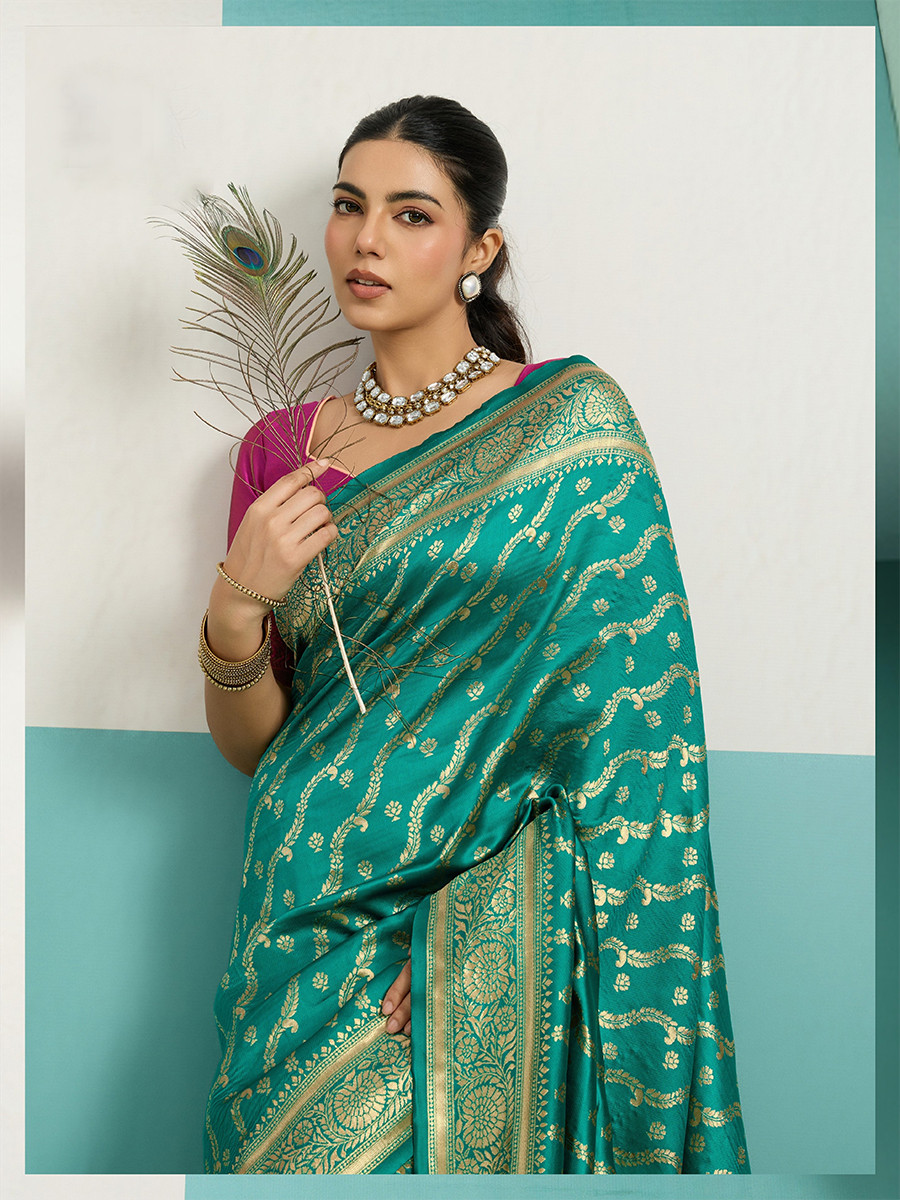 Rama Green Banarasi Silk Zari Kanjivaram Handwoven Wedding Party Festival Reception Heavy Border Saree