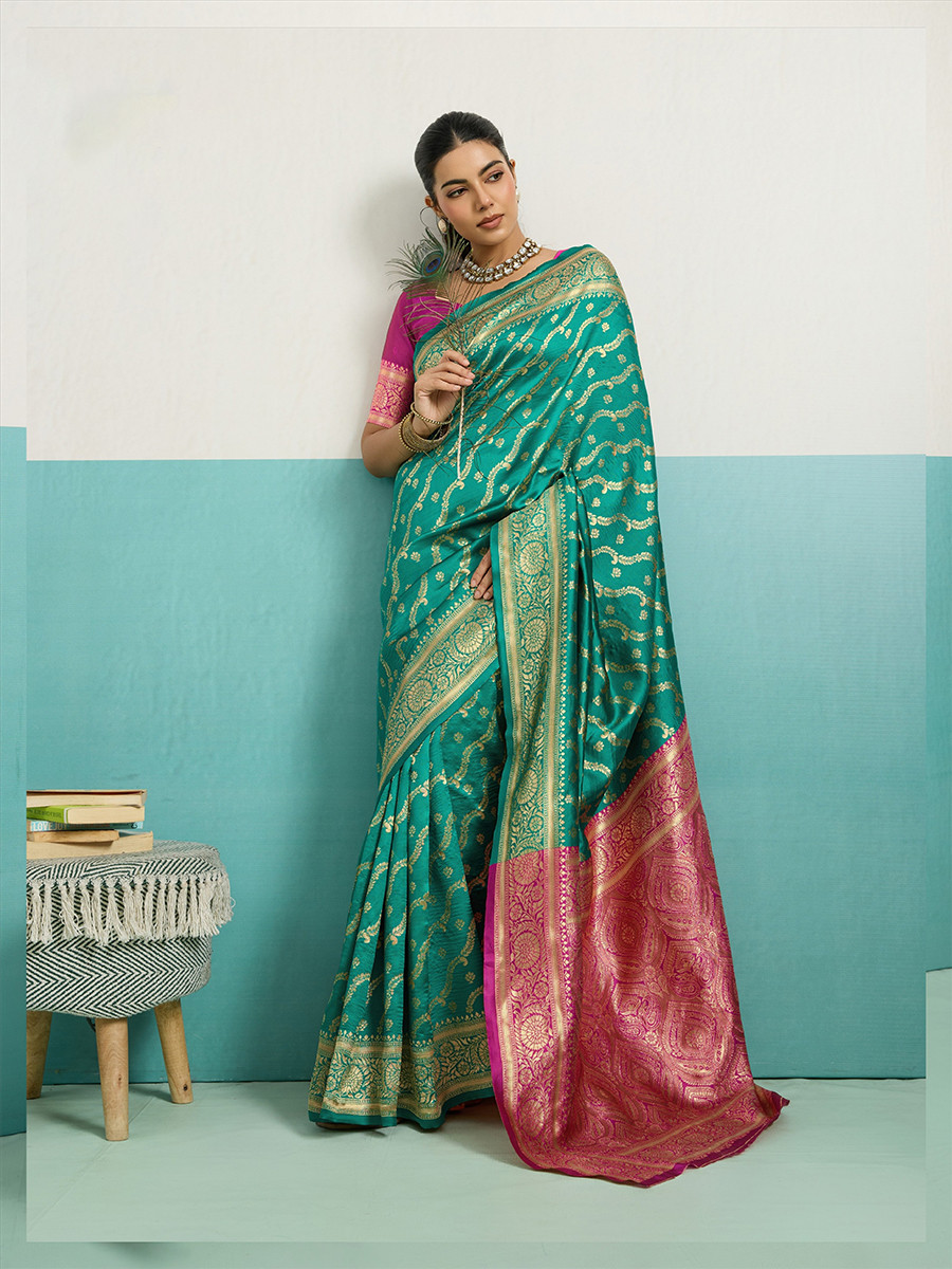 Rama Green Banarasi Silk Zari Kanjivaram Handwoven Wedding Party Festival Reception Heavy Border Saree