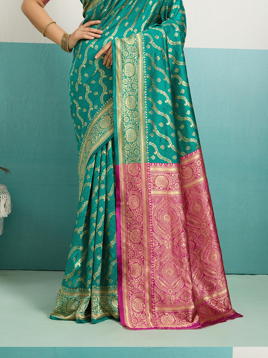 Rama Green Banarasi Silk Zari Kanjivaram Handwoven Wedding Party Festival Reception Heavy Border Saree
