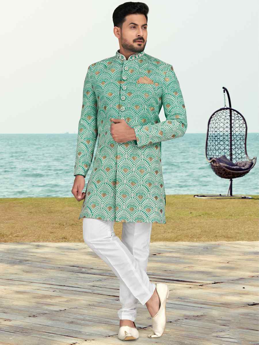 Rama Green Champion Silk Printed Festival Party Sherwani