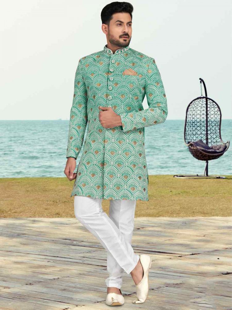 Rama Green Champion Silk Printed Festival Party Sherwani