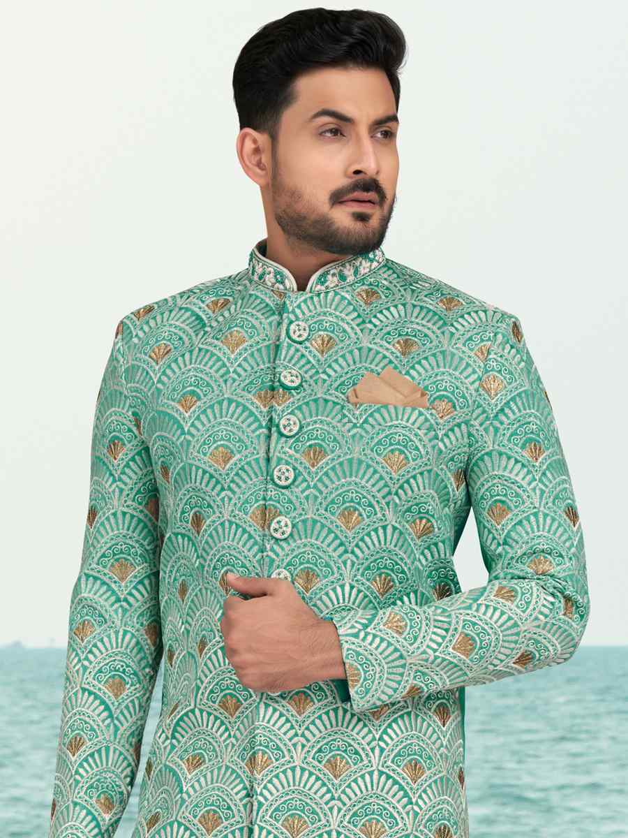 Rama Green Champion Silk Printed Festival Party Sherwani