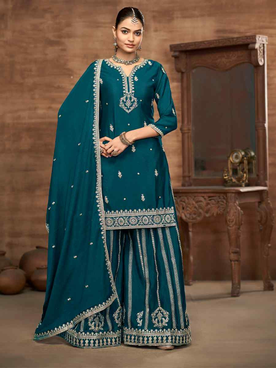 Rama Green Chinon Embroidered Festival Casual Ready Palazzo Salwar Kameez