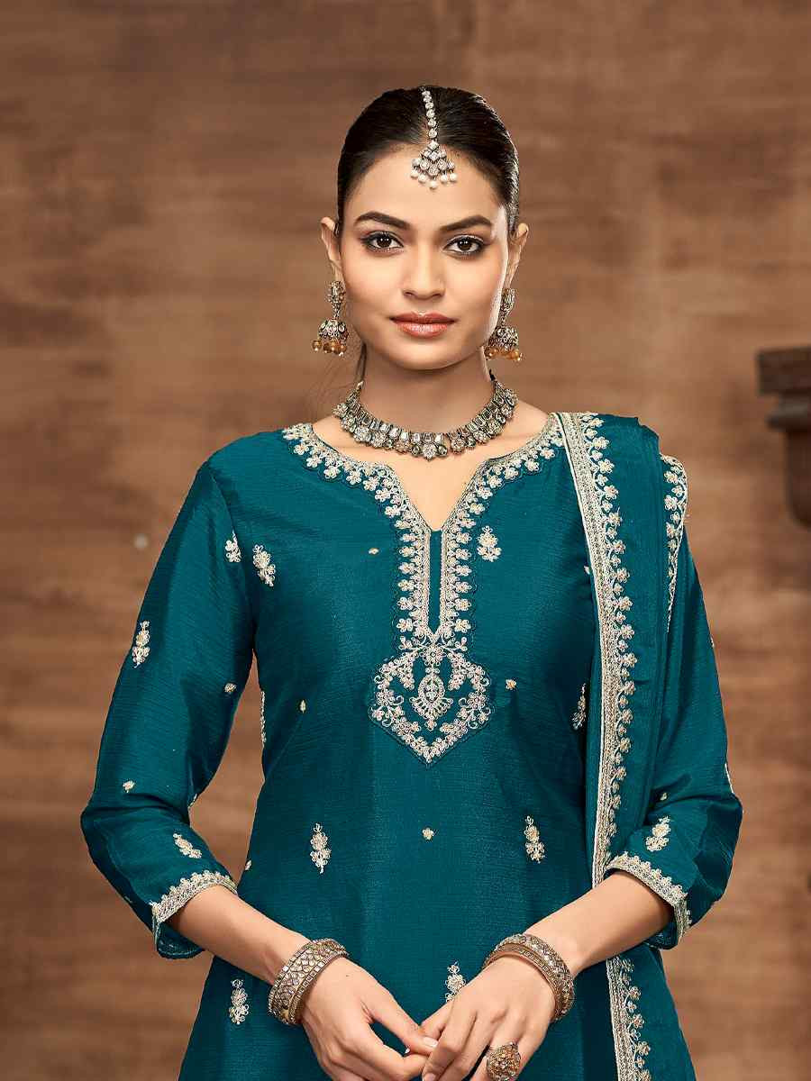 Rama Green Chinon Embroidered Festival Casual Ready Palazzo Salwar Kameez