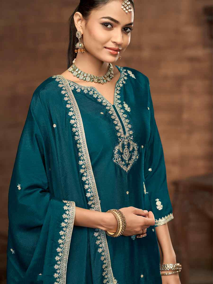 Rama Green Chinon Embroidered Festival Casual Ready Palazzo Salwar Kameez