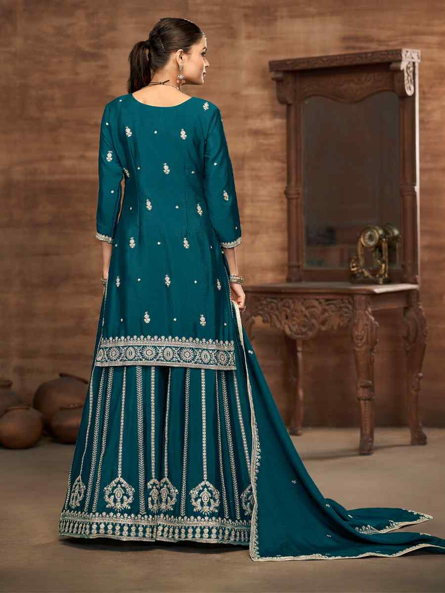 Rama Green Chinon Embroidered Festival Casual Ready Palazzo Salwar Kameez
