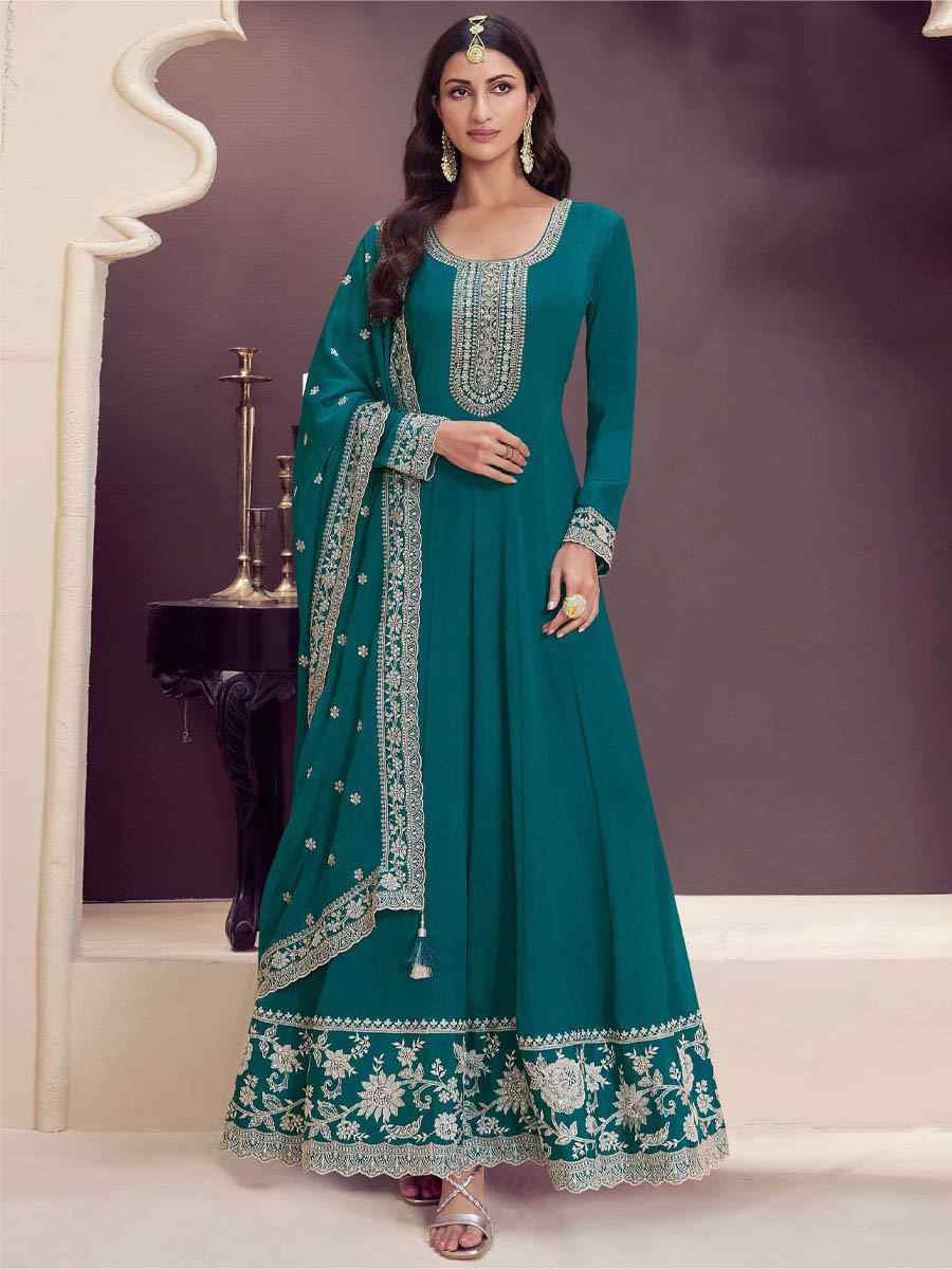 Rama Green Chinon Embroidered Festival Wedding Anarkali Salwar Kameez