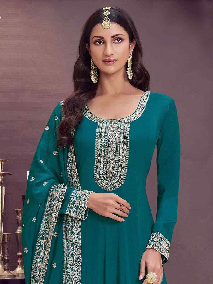 Rama Green Chinon Embroidered Festival Wedding Anarkali Salwar Kameez