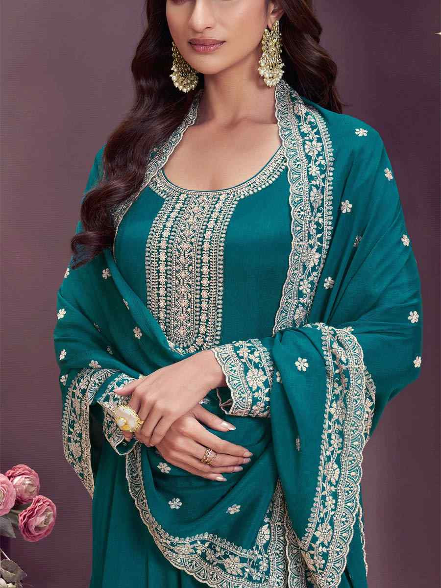 Rama Green Chinon Embroidered Festival Wedding Anarkali Salwar Kameez