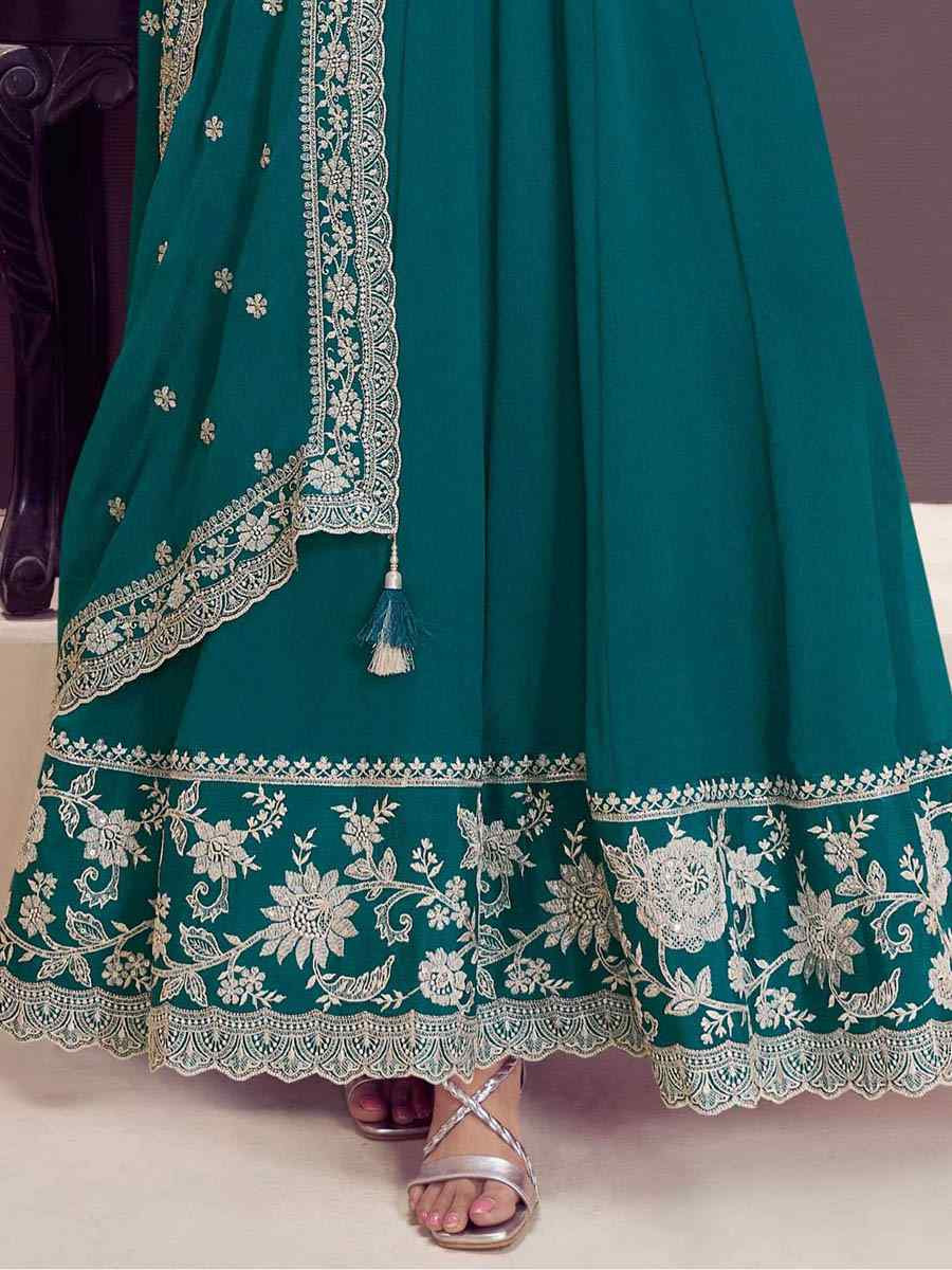 Rama Green Chinon Embroidered Festival Wedding Anarkali Salwar Kameez