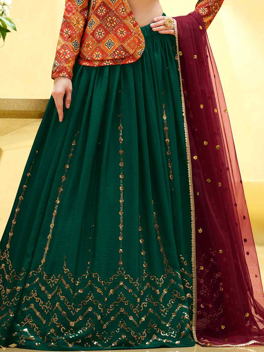 Rama Green Chinon Silk Embroidered Festival Wedding Kurti Lehenga Choli