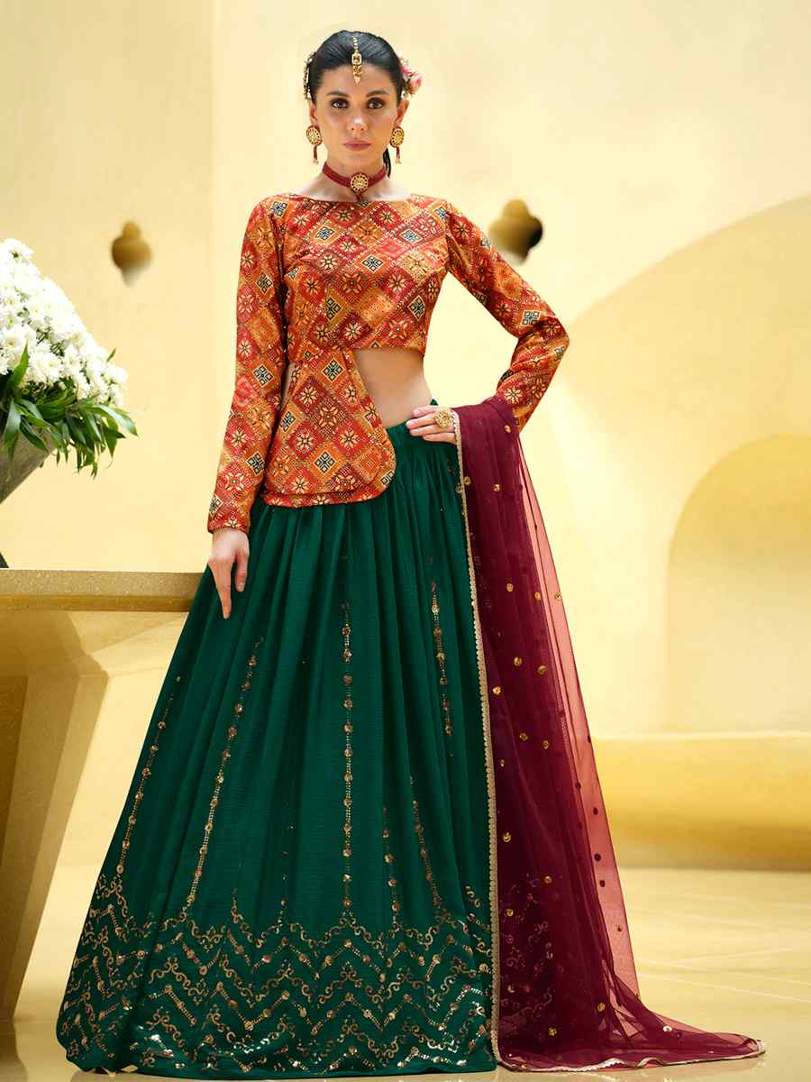 Rama Green Chinon Silk Embroidered Festival Wedding Kurti Lehenga Choli
