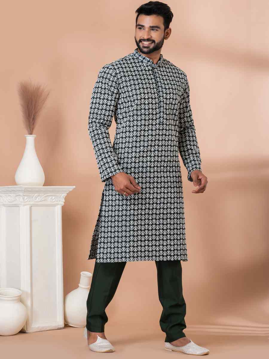 Rama Green Cotton Embroidered Festival Party Kurta