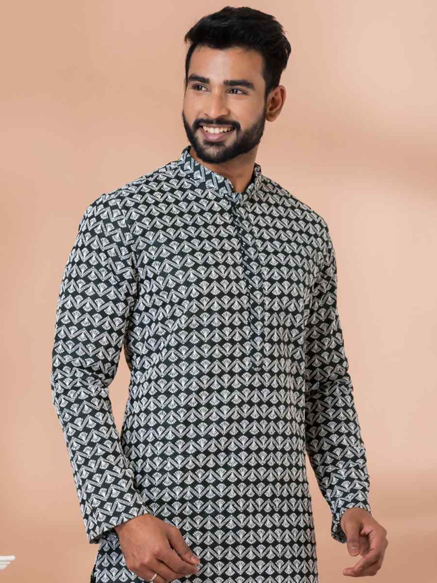 Rama Green Cotton Embroidered Festival Party Kurta