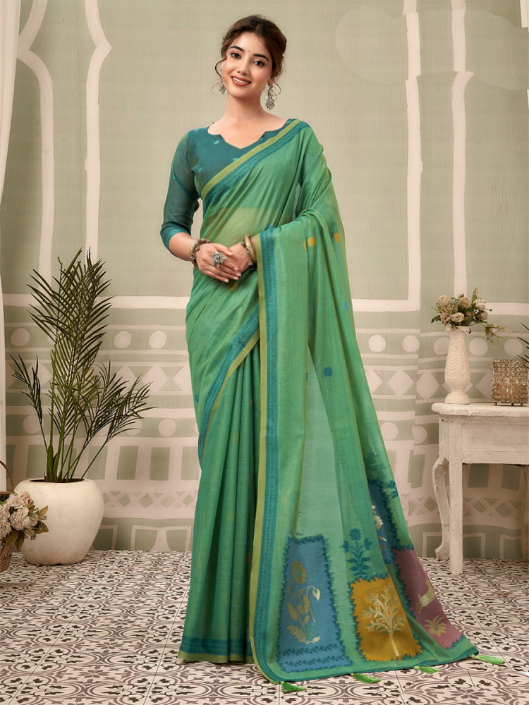 Image of Rama Green Cotton Hand Block Printed Wedding Reception Party Festival Casual Heavy Border Sarees