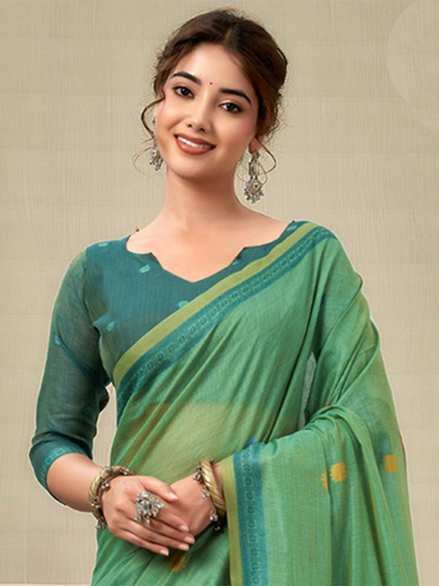 Rama Green Cotton Hand Block Printed Wedding Reception Party Festival Casual Heavy Border Sarees