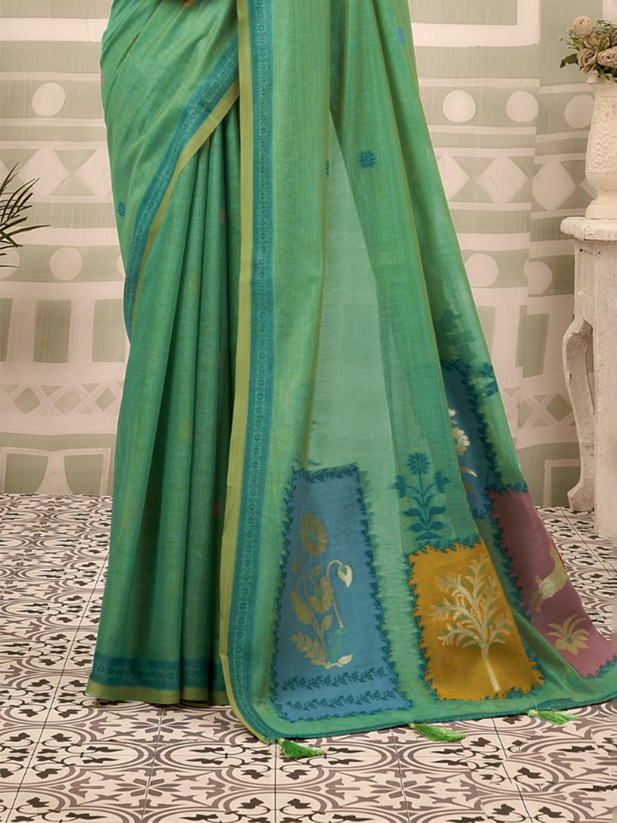 Rama Green Cotton Hand Block Printed Wedding Reception Party Festival Casual Heavy Border Sarees