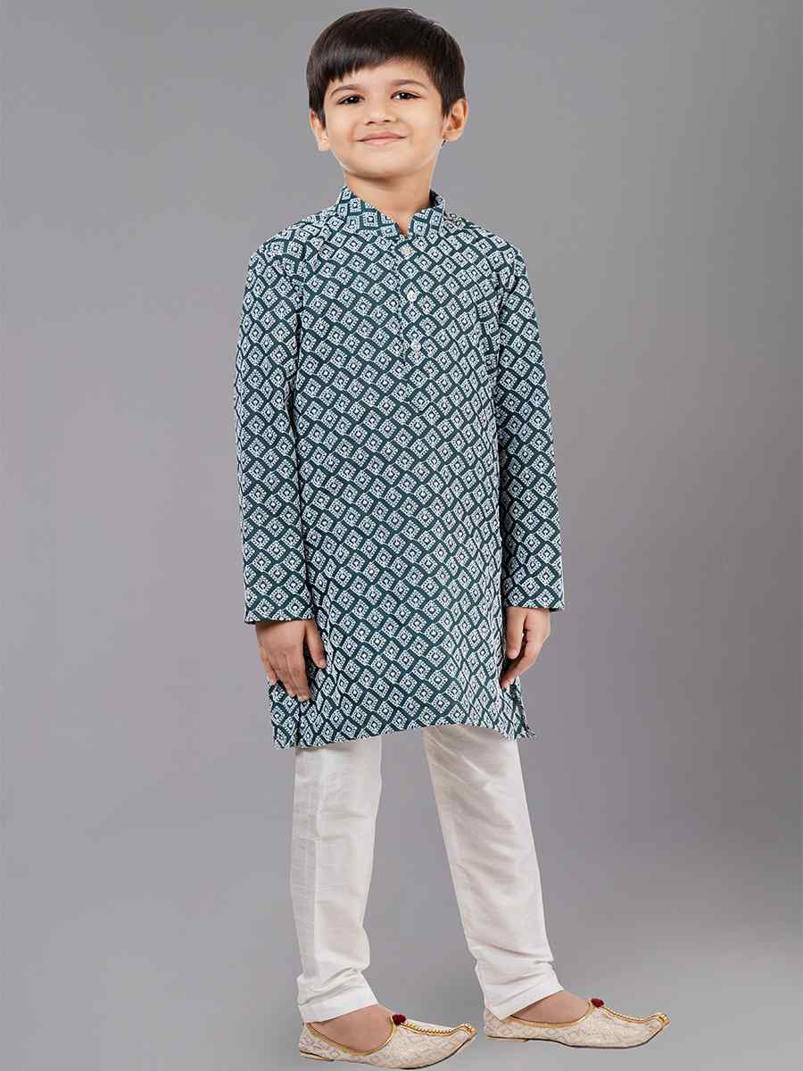 Rama Green Cotton Silk Embroidered Festival Traditional Kurta Pyjama Boys Wear