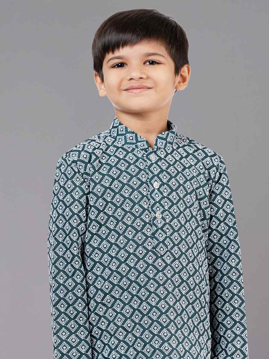 Rama Green Cotton Silk Embroidered Festival Traditional Kurta Pyjama Boys Wear
