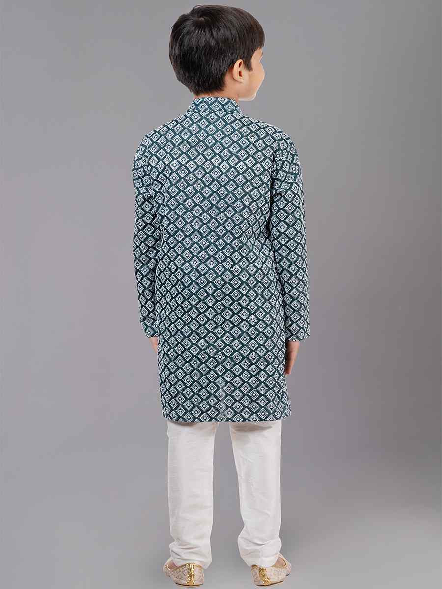 Rama Green Cotton Silk Embroidered Festival Traditional Kurta Pyjama Boys Wear
