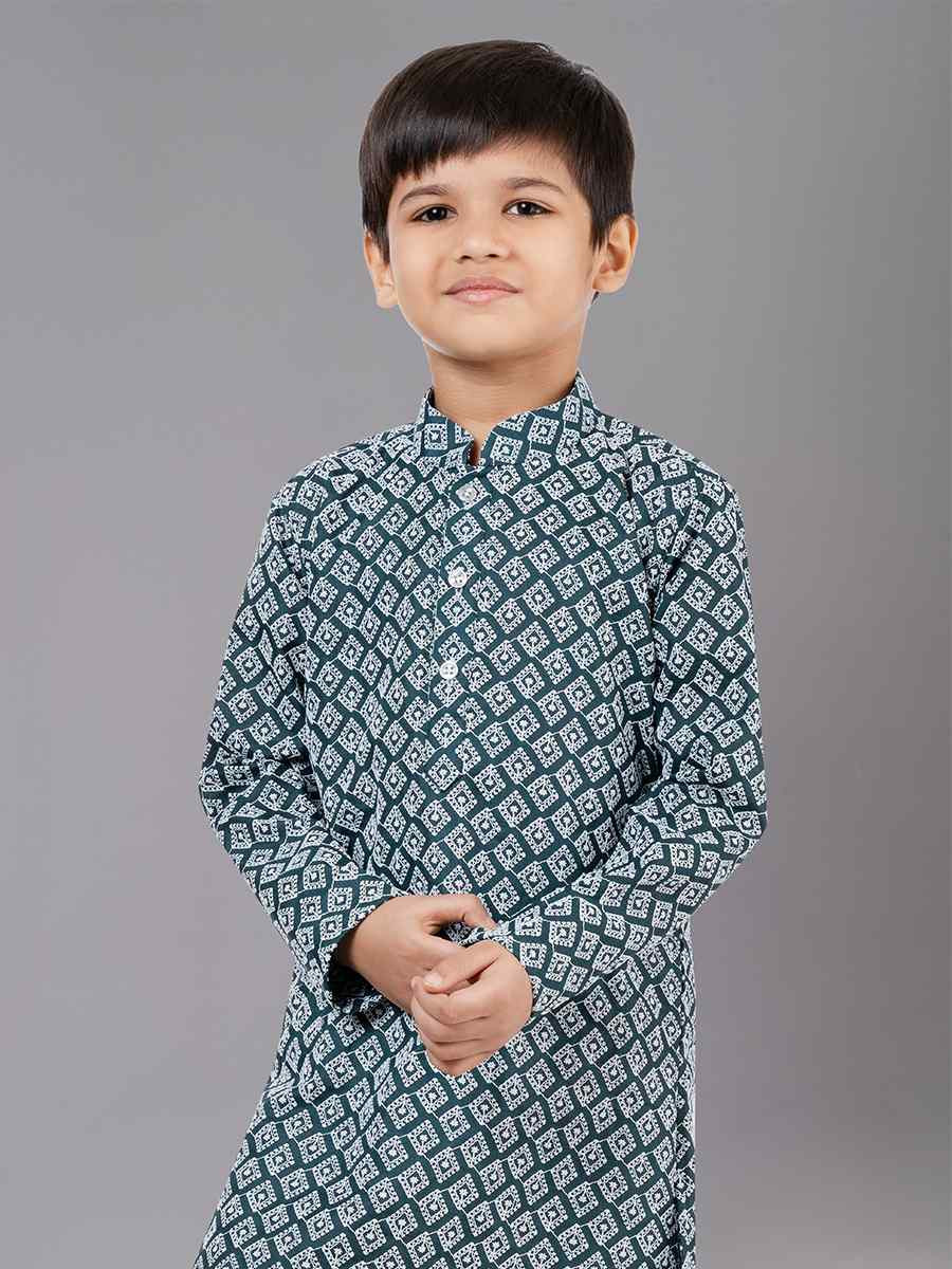 Rama Green Cotton Silk Embroidered Festival Traditional Kurta Pyjama Boys Wear