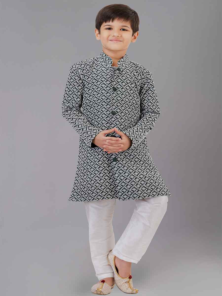 Rama Green Cotton Silk Embroidered Festival Traditional Kurta Pyjama Boys Wear