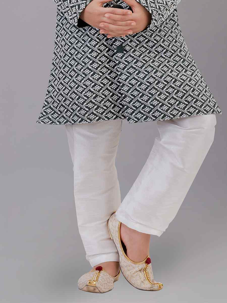 Rama Green Cotton Silk Embroidered Festival Traditional Kurta Pyjama Boys Wear