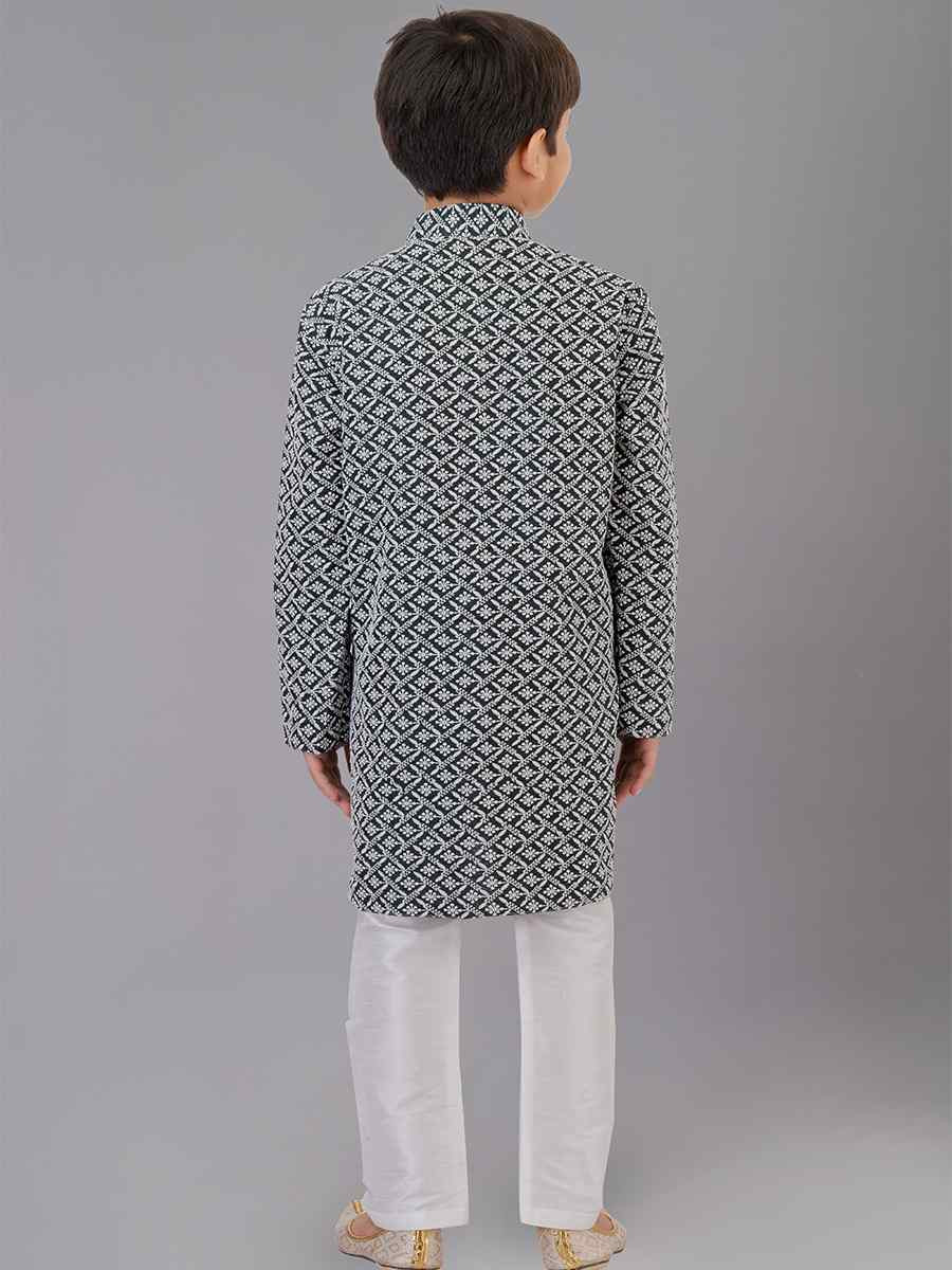 Rama Green Cotton Silk Embroidered Festival Traditional Kurta Pyjama Boys Wear