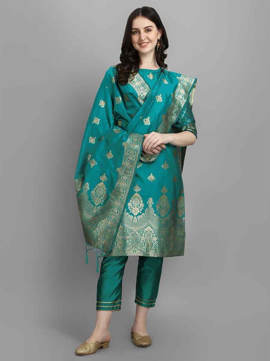 Rama Green Cotton Silk Jacquard Handwoven Party Wedding Festival Casual Ready Pant Salwar Kameez