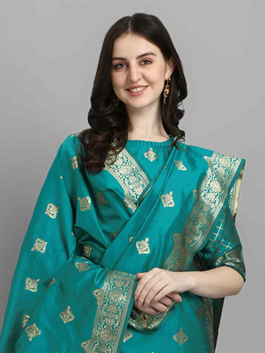 Rama Green Cotton Silk Jacquard Handwoven Party Wedding Festival Casual Ready Pant Salwar Kameez